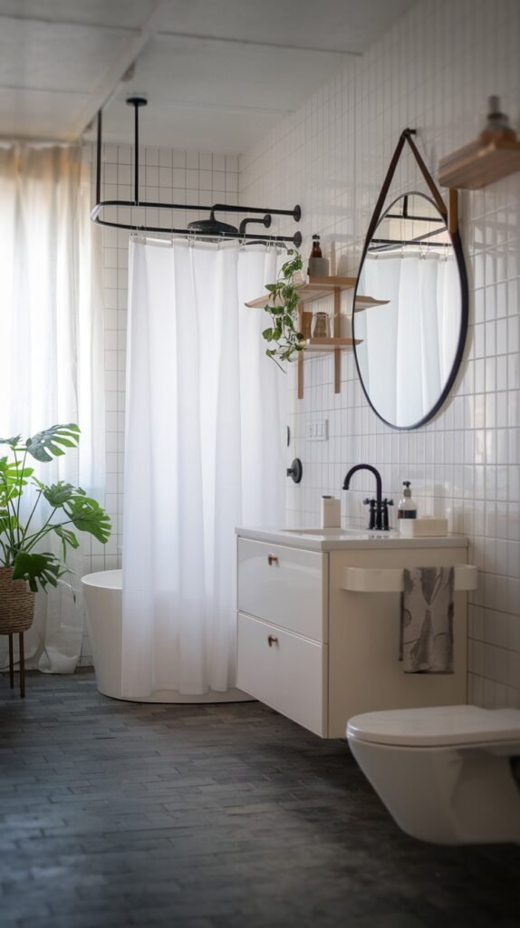 A beautiful and minimalist Scandinavian bathroom with white square tiled walls and dark floor tiles. It features a white bathtub with a shower curtain on a black track, a white floating vanity with a sink, and a wall-mounted toilet, with a large plant adding a touch of freshness.