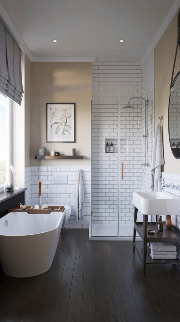 A beautiful and spacious Scandinavian bathroom with white subway tiled walls on the lower half and light beige upper walls, with dark wooden floorboards. It features a freestanding bathtub, a walk-in glass shower, and a white sink on a wooden stand, creating a clean and elegant design.