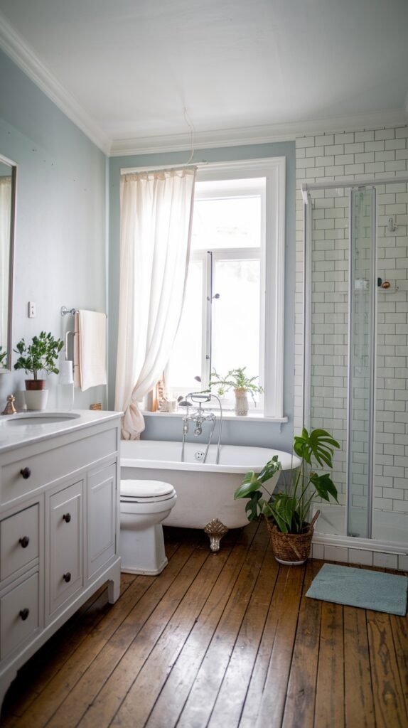 A beautiful and charming Scandinavian bathroom with light blue walls, white subway tile in the shower, and warm wooden floorboards. It includes a classic claw-foot bathtub, a glass shower enclosure, a white vanity with a sink, and a toilet, with a large window and green plants.