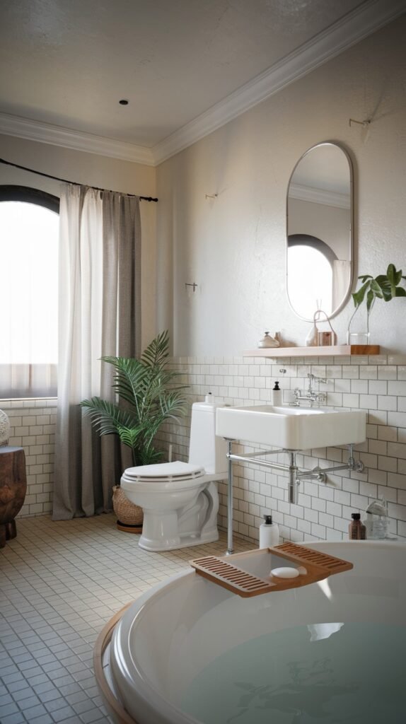 A beautiful and calming Scandinavian bathroom with white subway tiled walls, light beige floor tiles, and a large arched window with curtains. It features a round built-in bathtub, a wall-mounted sink, and a toilet, with a large green plant in a basket, offering a serene environment.