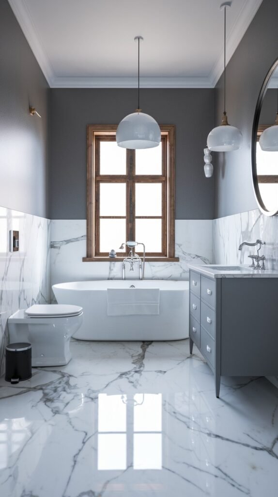 A beautiful and luxurious Scandinavian bathroom with a striking dark gray upper wall and white marble lower wall and floor. It features a white freestanding bathtub, a wooden-framed window, a gray vanity with a marble top, and a toilet, with elegant pendant lights adding sophistication.