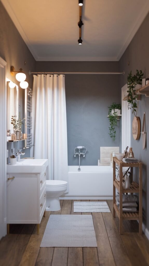 A narrow, beautiful Scandinavian bathroom with dark gray upper walls, light gray lower walls, and warm wooden floorboards. It includes a white bathtub with a shower curtain, a white vanity with a sink, and a wooden shelf unit for storage, creating a cozy and organized space.