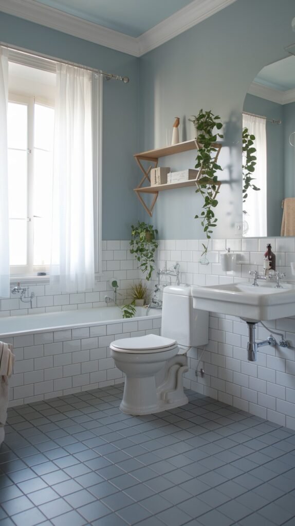 A beautiful and bright Scandinavian bathroom featuring a classic white subway tiled lower wall, light blue upper wall, and light gray tiled floor. It includes a white bathtub, a pedestal sink, and a toilet, with natural light from a large window and hanging green plants on a wooden shelf.