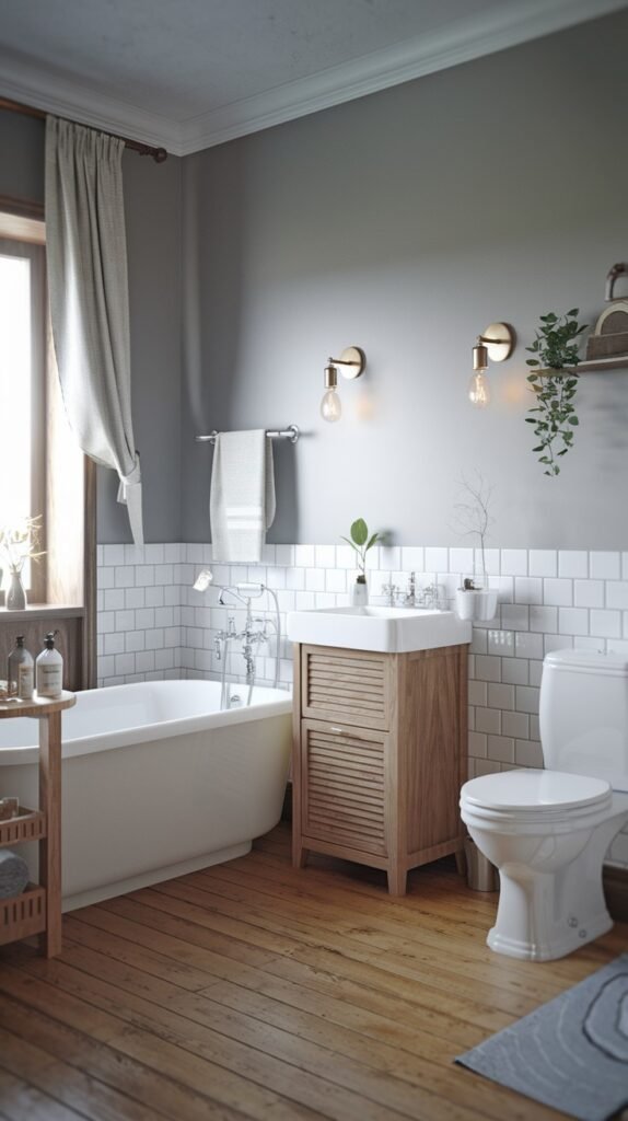 A beautiful and warm Scandinavian bathroom with gray upper walls, white subway tile wainscoting, and light wooden floorboards. It features a standalone white bathtub, a compact wooden vanity with a vessel sink, and a toilet, with natural light from a large window.