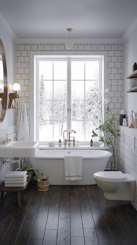 A beautiful and serene Scandinavian bathroom with white subway tiled walls and dark wooden floorboards, looking out onto a snowy landscape through a large window. It has a freestanding white bathtub with brass fixtures, a modern sink, and a toilet, enhanced by green plants and a round mirror.