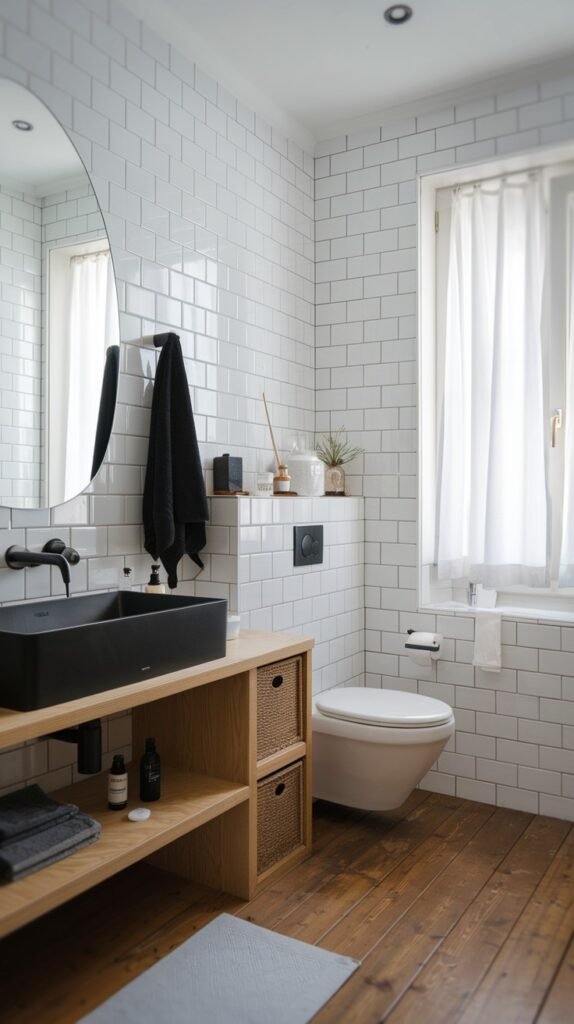 A beautiful and modern Scandinavian bathroom with white subway tiled walls and warm wooden floorboards. It features a black vessel sink on a light wooden vanity with woven baskets for storage, a wall-mounted toilet, and a large round mirror, creating a clean and stylish look.