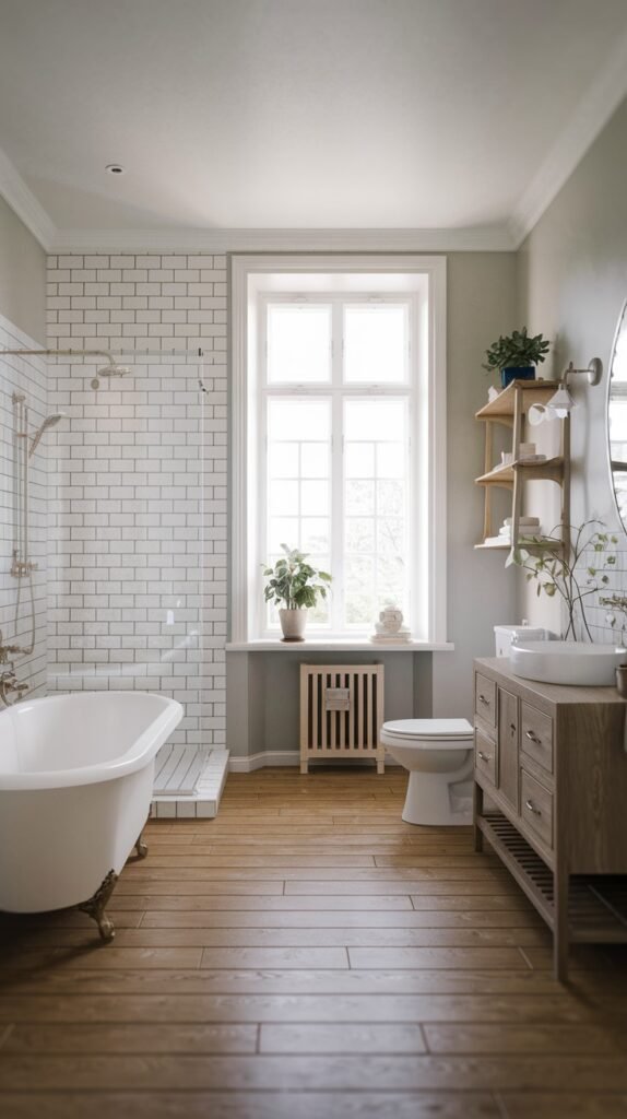 A beautiful and inviting Scandinavian bathroom with light gray walls, white subway tile around the shower and bathtub, and warm wooden floorboards. It includes a claw-foot bathtub, a walk-in shower, a wooden vanity with a vessel sink, and a toilet, with ample natural light from a large window.