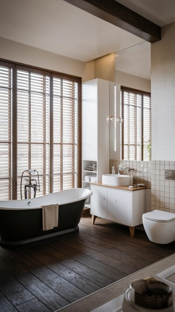 A beautiful and elegant Scandinavian bathroom with dark wooden floorboards and a large window covered by wooden Venetian blinds. It features a striking black freestanding bathtub, a white modern vanity with a vessel sink, and a wall-mounted toilet, creating a sophisticated and cozy atmosphere.