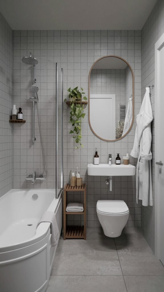 A beautiful and compact Scandinavian bathroom with light gray square tiled walls and floor. It includes a corner bathtub with a shower, a wall-mounted sink, and a toilet, with a small wooden shelf unit for towels and toiletries, designed for efficient space utilization.