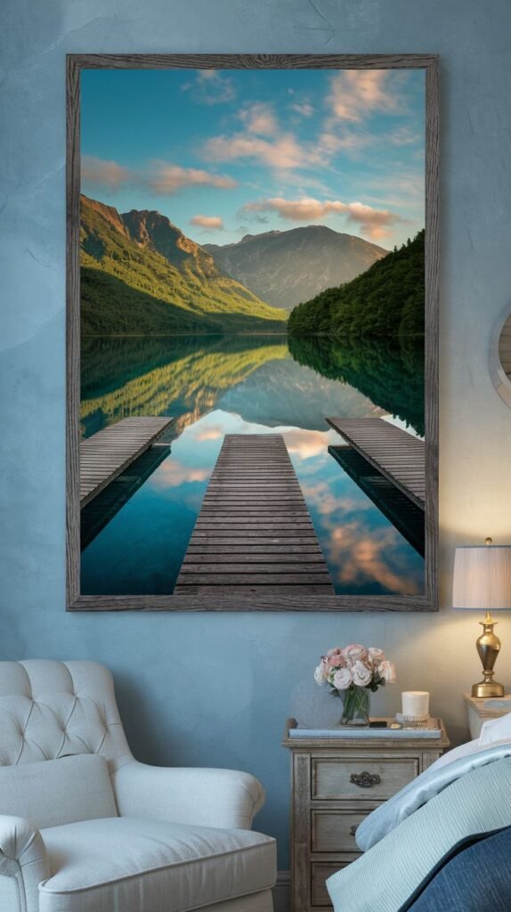 A large framed poster of a serene mountain lake at sunrise, with two wooden piers extending into the clear, reflective water, showing a bright sky and green mountains.