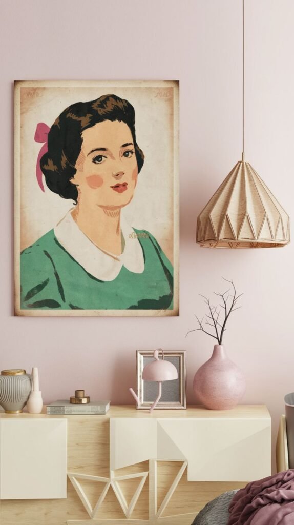 Vintage-style portrait poster of a woman with dark hair, a pink ribbon, and a green dress, displayed on a pastel pink bedroom wall above a modern wooden cabinet with vases, a lamp, and decorative accents.