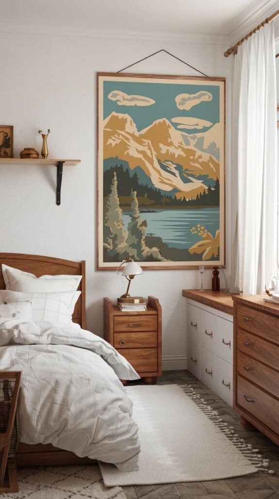 A framed art print of a scenic mountain lake landscape with warm-toned peaks, pine forests, and a soft cloudy sky, hung above a nightstand in a cozy bedroom.