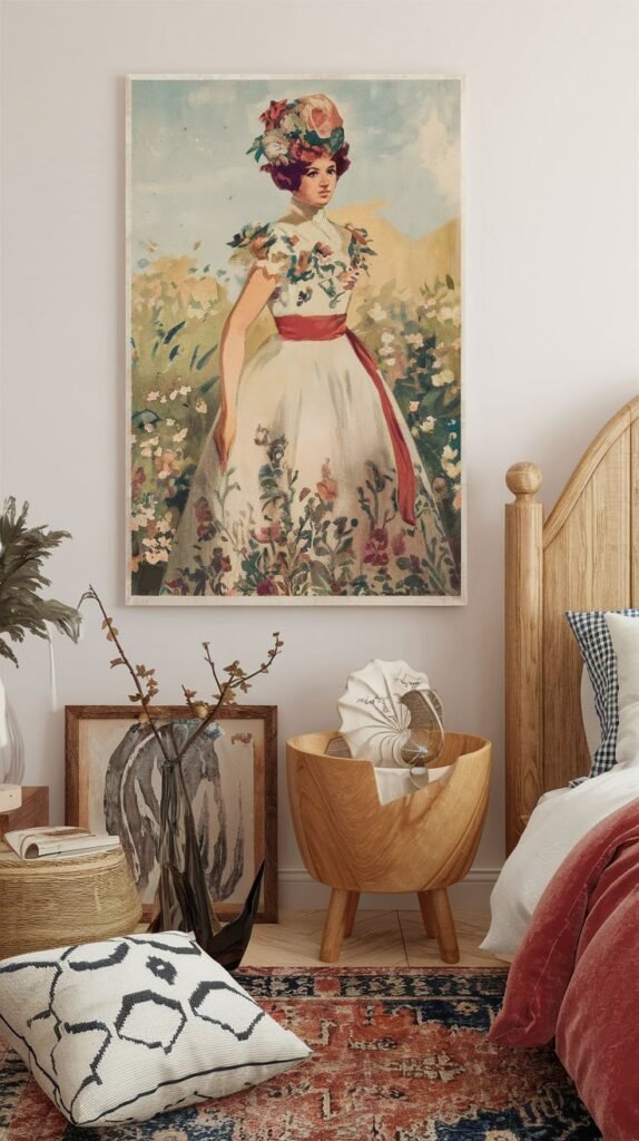 Vintage-style floral portrait poster of a woman in a white dress with red sash and flowered hat, displayed above a wooden bed in a cozy bedroom with patterned rug, decorative pillows, and natural wood accents.
