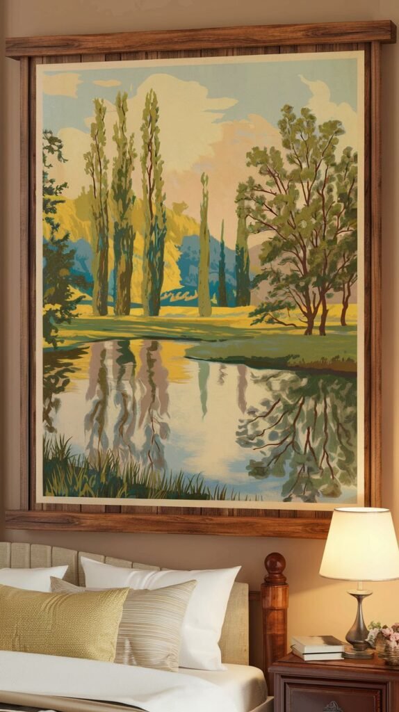 A large framed artistic print featuring tall, slender trees reflected in a calm body of water, with a warm sky, hung above the headboard of a bed.