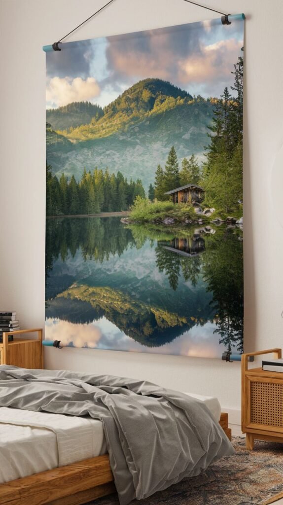 A large print of a serene lake reflecting a secluded rustic cabin on a tiny island, surrounded by misty green mountains and pine trees, hung above a bed.