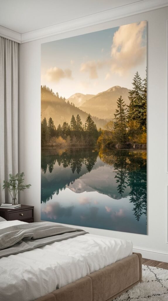 A tall, expansive print of a golden hour mountain lake scene, showcasing sun-drenched mountains and dense forests beautifully reflected in the water, hung above a bed.