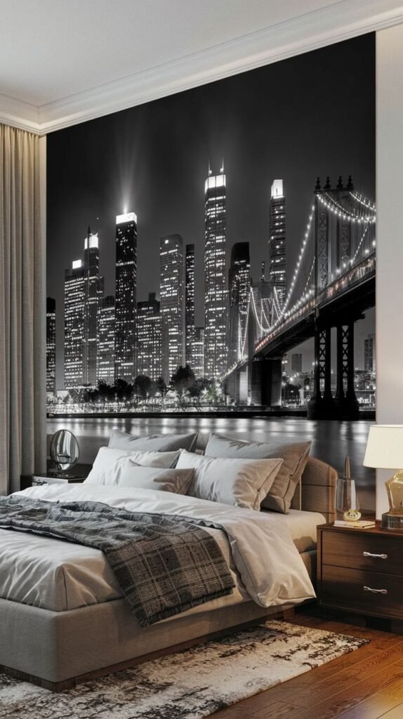 A dramatic black and white poster of a dazzling cityscape at night, with towering skyscrapers and an illuminated bridge reflecting on the water, covering an entire wall above a bed.