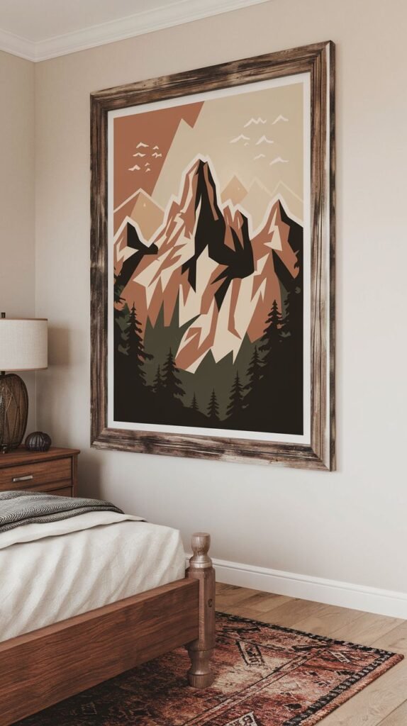 A framed abstract art print with earthy tones depicting stylized mountains and pine forests, with birds flying in the sky, hung above a bed.