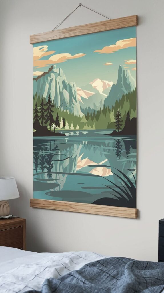 A framed poster on a wooden hanger featuring a peaceful lake and forest landscape with mountains and clouds, rendered in a stylized art style, hung above a nightstand.