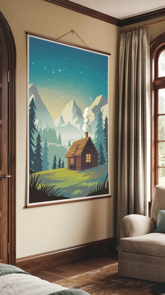 A charming poster of a cozy wooden cabin nestled in a snowy mountain forest under a starry night sky, with smoke rising from its chimney, hung on a wall.
