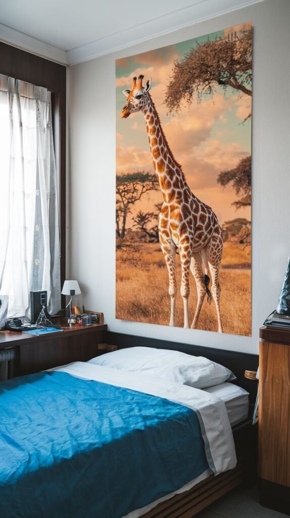A large print of a majestic giraffe standing in a sunny savanna with acacia trees under a warm, cloudy sunset sky, hung prominently in a bedroom.