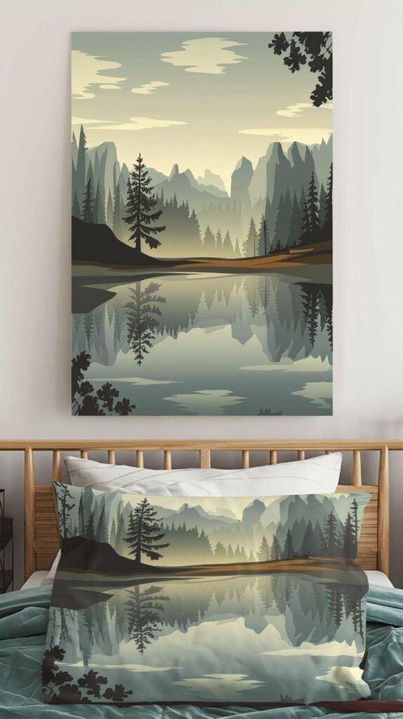 A serene art print of a lake reflecting a landscape of mountains and forests in muted tones of blues, greens, and grays, hung above a bed.