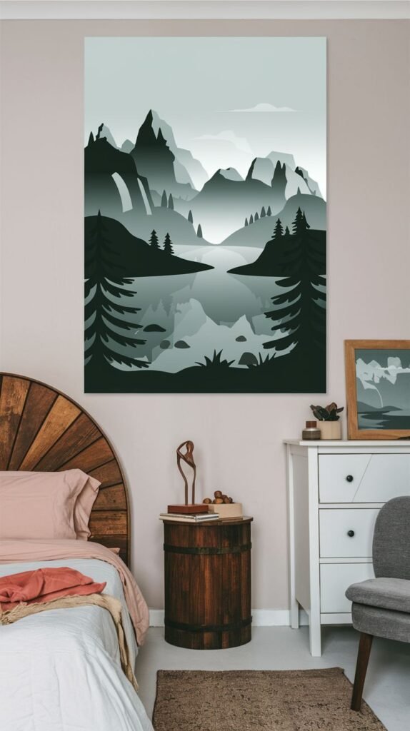 A sophisticated monochromatic poster art featuring a mountain lake scene with deep greens and grays defining peaks, forests, and reflective water, hung above a bed.