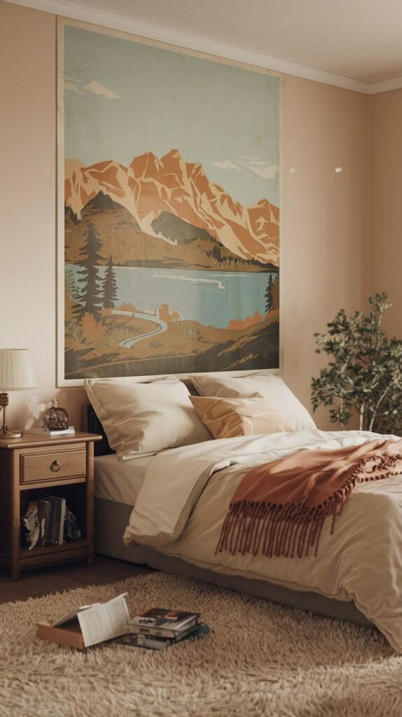 A large vintage-style poster depicting a picturesque mountain lake landscape with pine trees and winding paths, hung above a bed in a softly lit bedroom.