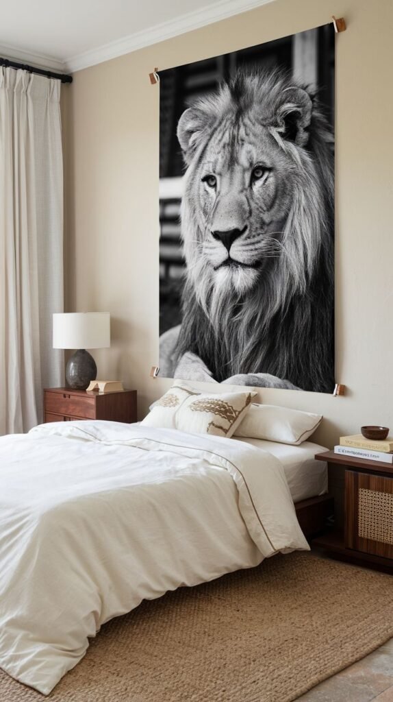 A striking black and white portrait poster of a majestic lion, with its detailed mane and intense gaze, hung prominently above a bed.