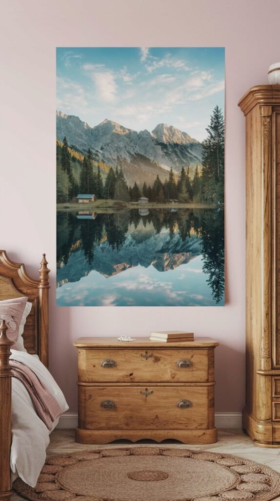 A vibrant framed print of a tranquil mountain lake reflecting snow-capped peaks and pine trees, with a small cabin visible on the far shore, hung above a wooden dresser.