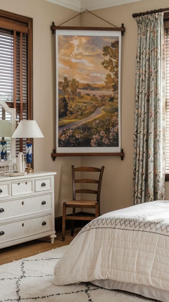 A large framed poster of an idyllic sunset landscape featuring a winding river, lush trees, and hills bathed in warm, golden light, hung on a wall in a traditional bedroom.
