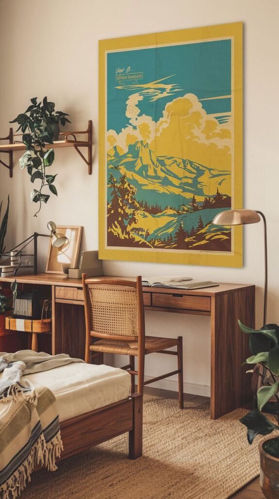A retro-style poster with bold yellow and blue colors depicting stylized mountains and pine trees under a vibrant sky, hung above a wooden desk in a bedroom.