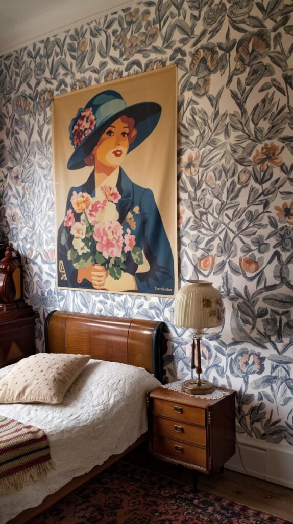 Vintage bedroom with floral wallpaper and a large retro poster of a woman holding a bouquet of flowers above the bed, paired with wooden furniture and a lace-covered lamp on the bedside table.