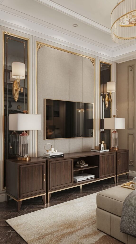 A grand and luxury living room boasts a dark wood TV Unit console with elegant gold accents, flanked by two matching table lamps with tall, clear glass bases and white shades. A large television is mounted above the console against a padded, ornate wall, under a lavish multi-tiered chandelier.