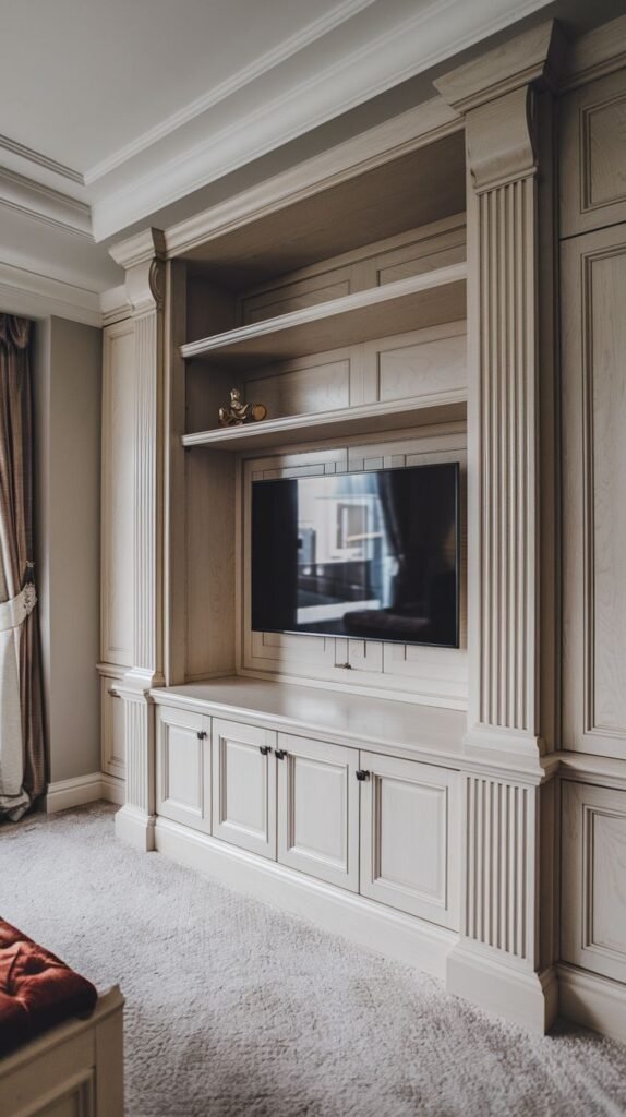 A classic and luxury bedroom features a light-toned wood built-in TV Unit with elegant fluted details, decorative columns, and a central space for the television surrounded by shelving and closed cabinets. The intricate craftsmanship gives the unit a bespoke, architectural feel.