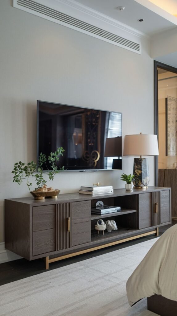 A contemporary and luxury bedroom features a dark wood TV Unit console with stylish ribbed paneling and subtle gold accents on its handles and base. The unit includes a mix of open and closed storage, providing a sophisticated foundation for the wall-mounted television. Decorative plants and books are displayed.
