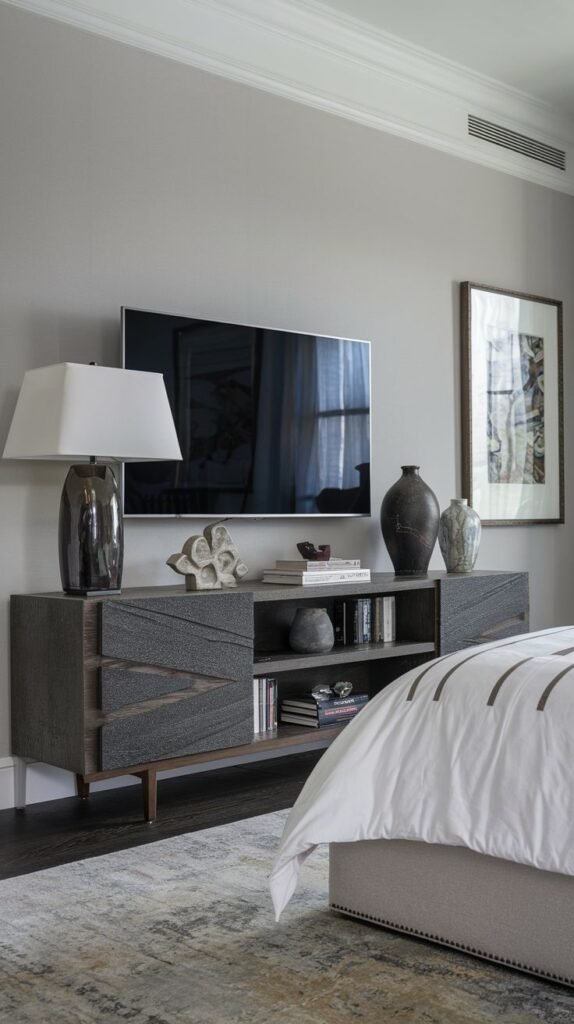 This luxury bedroom features a unique dark grey TV Unit console with textured, geometric patterns on its cabinet doors, complemented by open shelving. A large television is mounted above, and the console is adorned with a modern lamp, vases, and books, creating a stylish focal point.