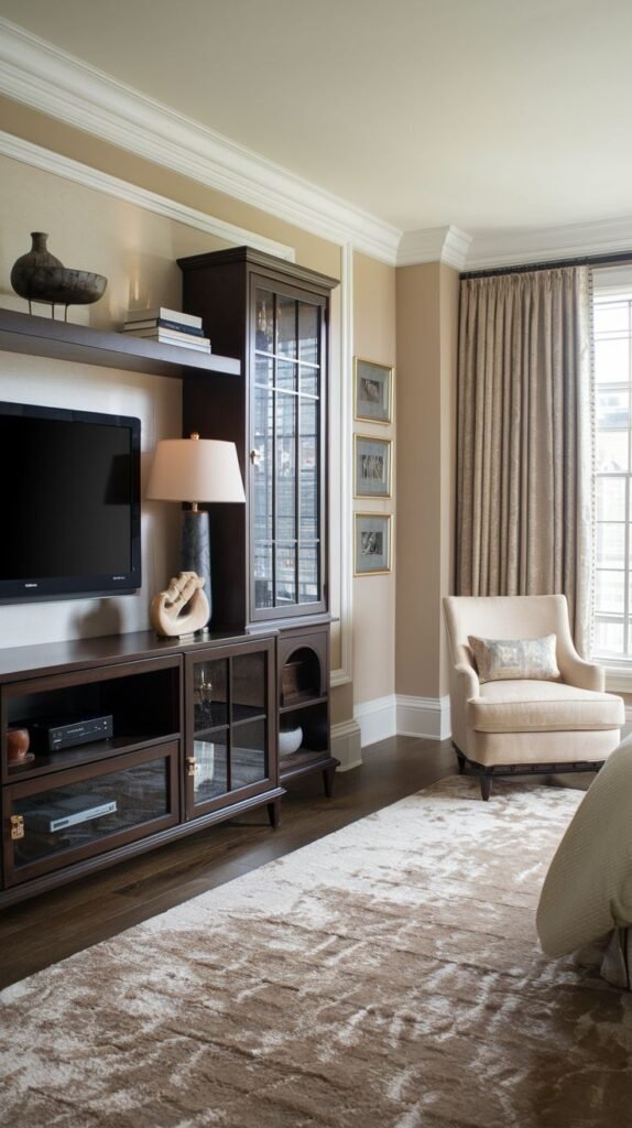 A traditional and luxury bedroom includes a dark wood TV Unit entertainment center, featuring open shelves for the television and media devices, a glass-front display cabinet, and lower closed cabinets. The room has warm tones, an elegant armchair, and a large window with draped curtains.