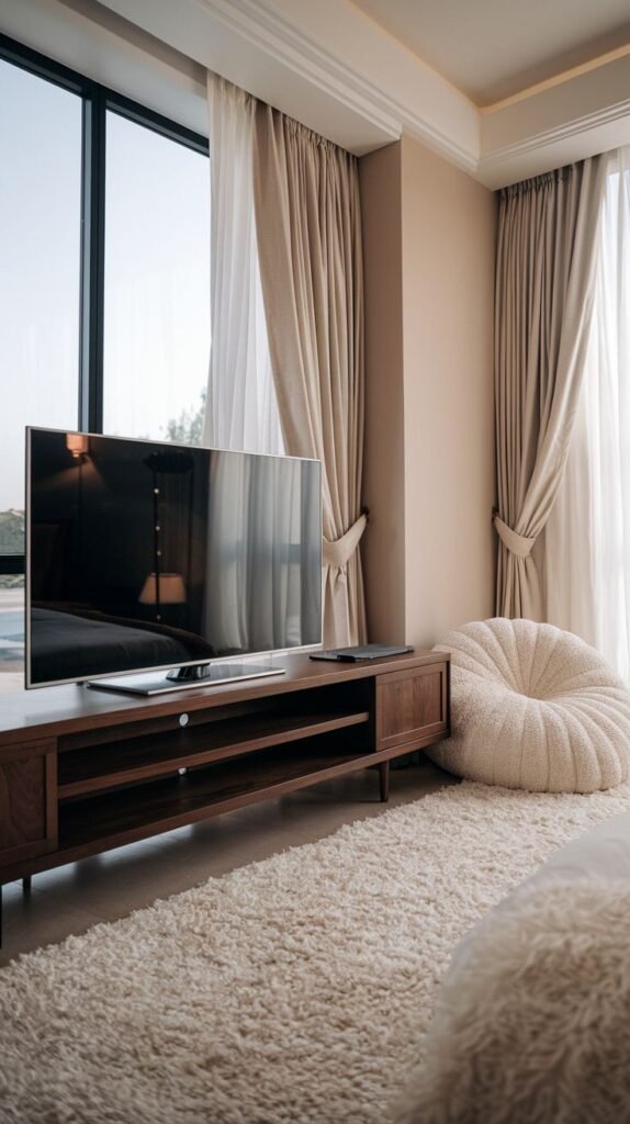 A bright and luxury bedroom features a simple yet elegant dark wood TV Unit console with open shelving beneath a wall-mounted television. The console is positioned in front of a large window with soft, light-colored curtains, and a plush, white shag rug adds texture to the floor.