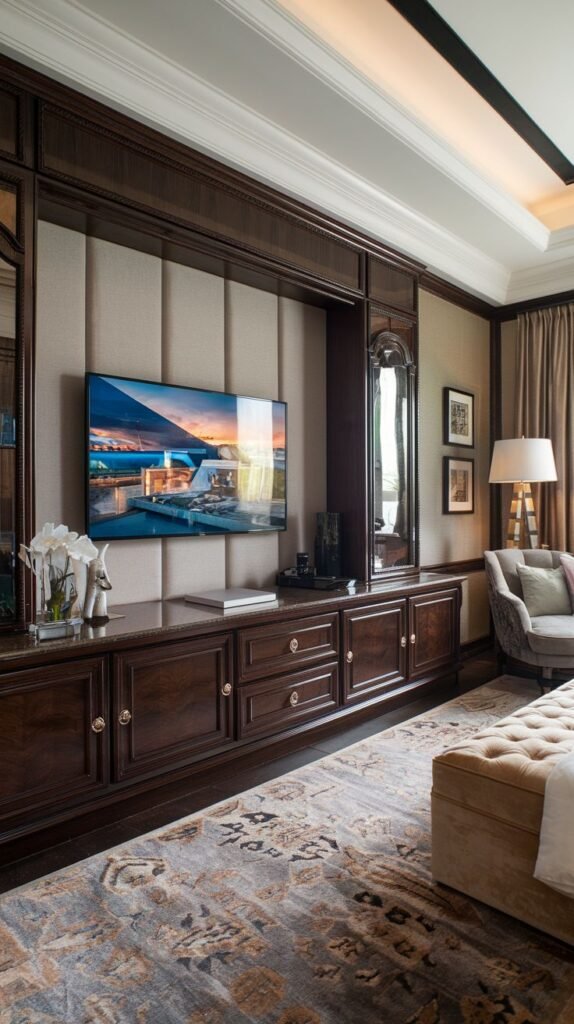A lavish and luxury bedroom showcases a magnificent dark wood built-in TV Unit with upholstered paneling surrounding the television, illuminated display shelves, and a decorative mirror. The unit includes numerous closed cabinets with elegant handles, creating a grand and functional media wall.
