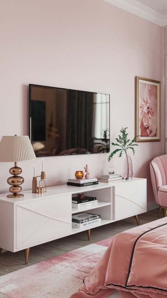 A chic and luxury bedroom in soft pink tones features a contemporary white TV Unit console with subtle geometric relief patterns on its doors, offering a clean and stylish base for the wall-mounted television. The console displays a modern lamp, candles, and decorative items.