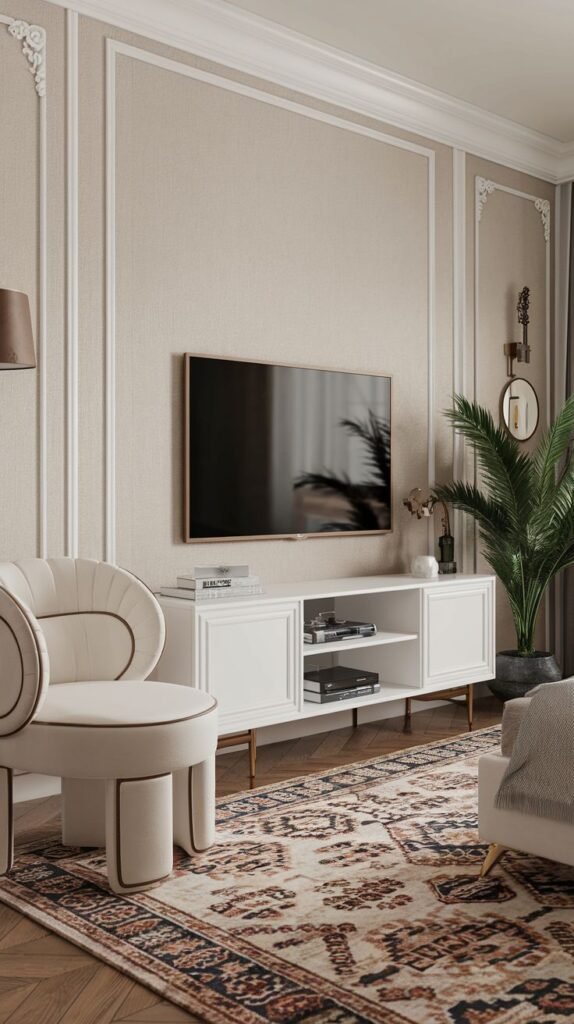 A stylish and luxury bedroom features a crisp white TV Unit console with elegant gold legs, providing open and closed storage beneath a wall-mounted television. The room's walls are adorned with sophisticated ornate moldings, and a decorative plant adds a touch of greenery.