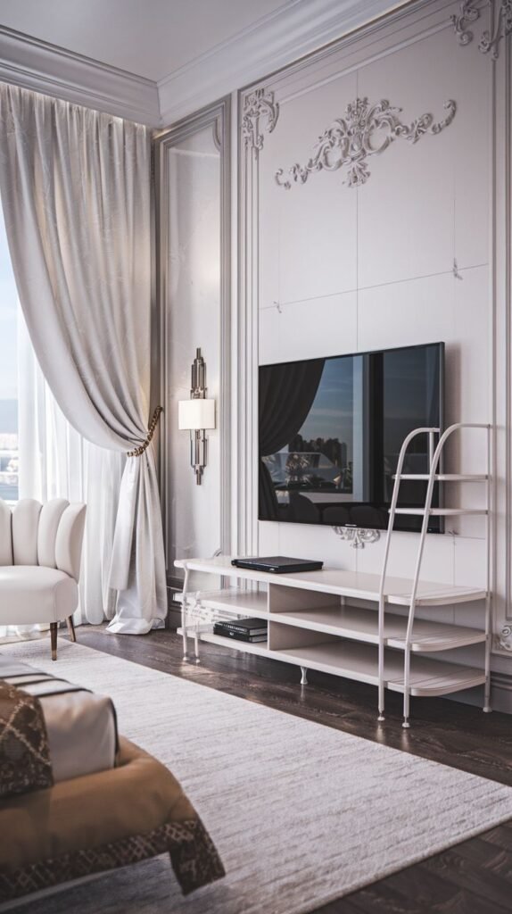 A sophisticated and luxury bedroom with ornate white wall moldings features a unique white TV Unit console with multiple open shelves and a decorative ladder-like side structure. The console offers ample space for media devices and display items, beneath a wall-mounted television.