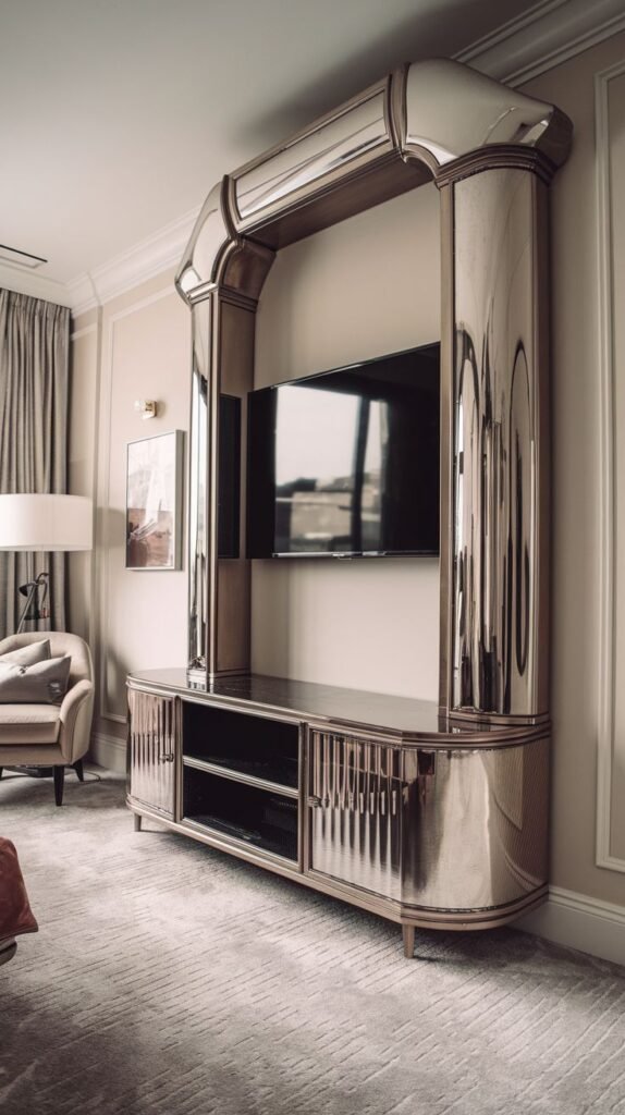 A glamorous and luxury bedroom presents a striking mirrored TV Unit with a grand, arched design that dramatically frames the television. The reflective surfaces add a sense of expansiveness and high-end elegance to the room, with closed cabinets and open shelving below.