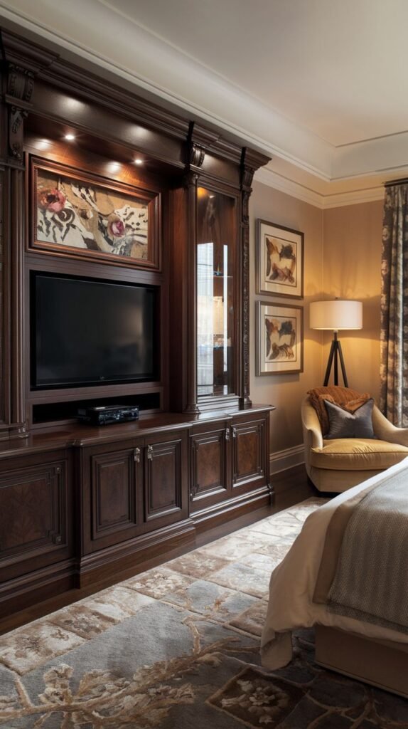 This luxury bedroom presents an elaborate dark wood built-in TV Unit with classical carved details, accent lighting, and a framed artwork positioned above the television. The unit includes closed cabinets and open shelving, complementing the room's rich decor, which features an upholstered armchair and a patterned rug.