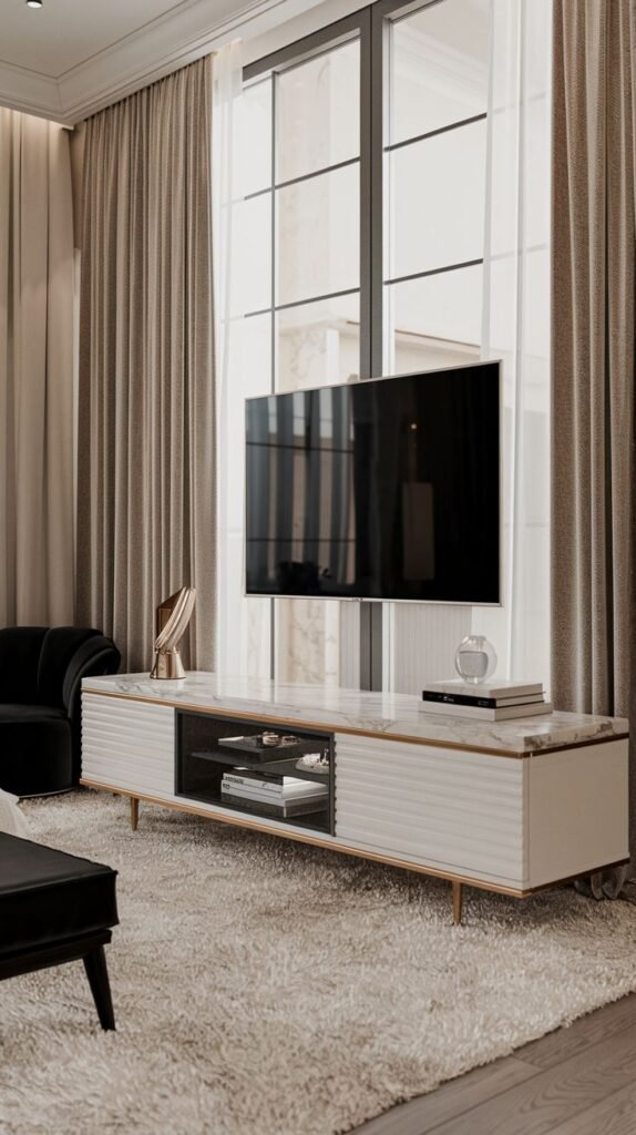 A modern and luxury living space features a sophisticated white TV Unit console with a marble top, fluted gold-accented doors, and open shelving beneath a wall-mounted television. The unit is placed in front of a large window with tall, elegant curtains.
