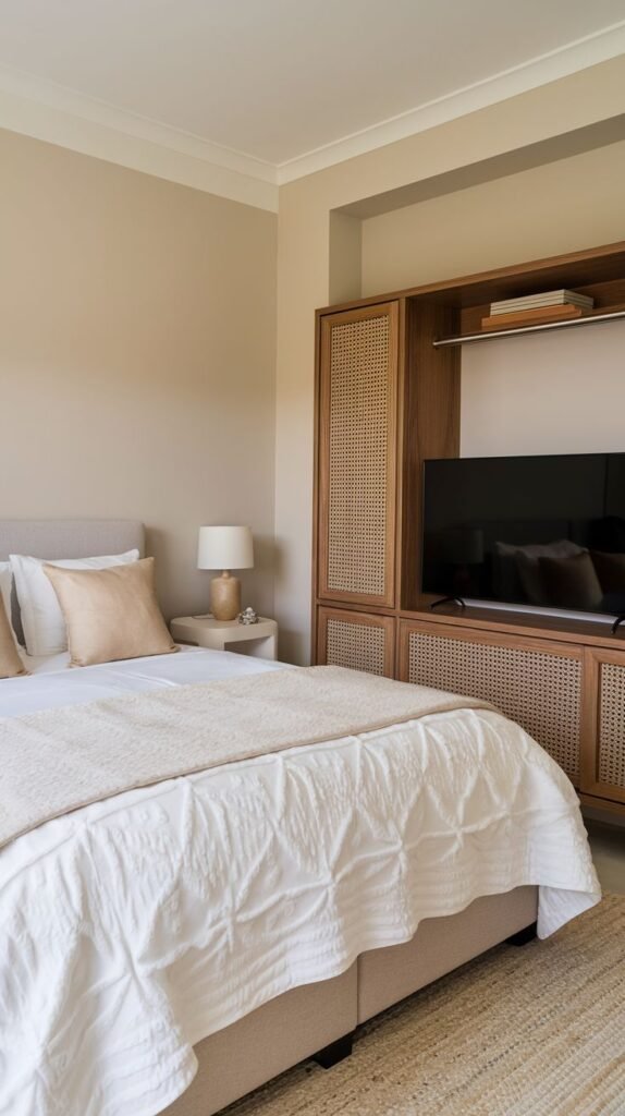 A serene and luxury bedroom features a built-in TV Unit crafted from light wood and rattan, seamlessly integrated into a wall unit with closed cabinets and an open shelf above the television. The room has a soft, neutral color palette, enhancing the natural textures of the unit.