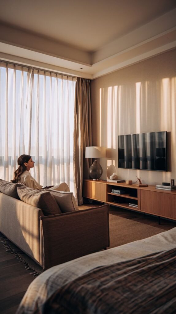 A comfortable and luxury living space in a bedroom features a straightforward wooden TV Unit console with open shelves and closed cabinets, providing a clean display for the wall-mounted television. A woman sits on a sofa, enjoying the sunlit room, which has a large window with sheer and heavy curtains.