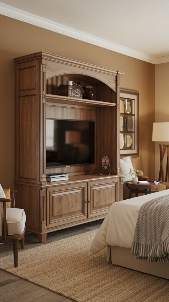 A classic and luxury bedroom boasts a large, traditional wooden TV Unit entertainment center with an arched top, intricate detailing, and extensive storage. The unit houses the television centrally, surrounded by open display shelves and closed cabinets, providing a grand focal point.