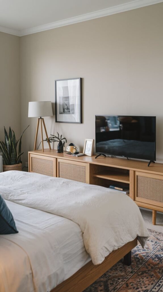 A contemporary and luxury bedroom features a light wood and rattan TV Unit console with open shelves and closed cabinets, providing a stylish base for the wall-mounted television. A tall floor lamp, a snake plant, and framed artwork contribute to the room's modern yet inviting ambiance.
